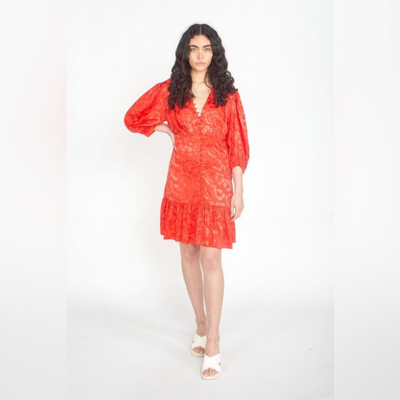 Sandro Azelie Red Floral Jacquard Silk Blend Dress Cropped Puff Sleeves V-Neck 0 - Picture 5 of 12
